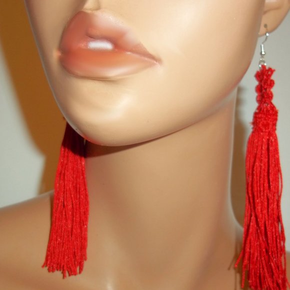 Red Lace Tassel Earrings, Red Earrings, Long Red Earrings, Sexy Red Earrings - Picture 2 of 5
